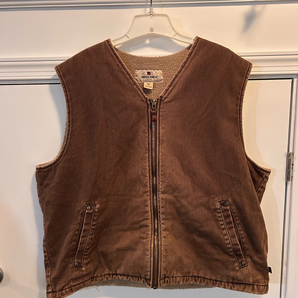 Woolrich Mens XL Vest Brown Sherpa Lined Full Zip Canvas‎ Work Outdoor Gorpcore